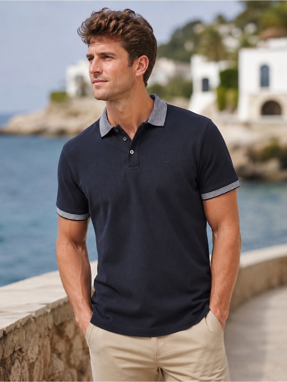 French Connection Navy White Tipped Piqué Polo Shirt Men’s Large NWT 100% Cotton